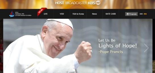 Screen shot of main page of Station KBS that will broadcast beginning Aug. 14  its coverage and updates on Pope Francis' 2014 pastoral visit. - http://pope.kbs.co.kr/pc/eng/main/main.php