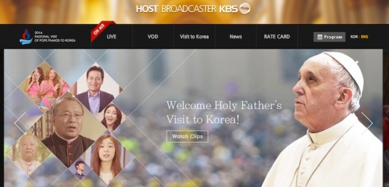 Screen shot of slide from main page of host broadcaster for 2014 Pastoral visit of Pope Francis to Korea - http://pope.kbs.co.kr/pc/eng/main/main.php
